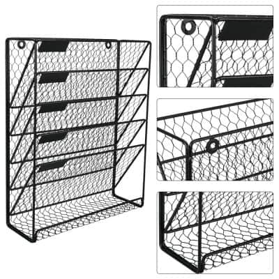 Durable black metal wire mesh organizer for easy access and efficient storage solutions. Ideal for office, kitchen, or retail spaces, providing sturdy shelving with a modern design.
