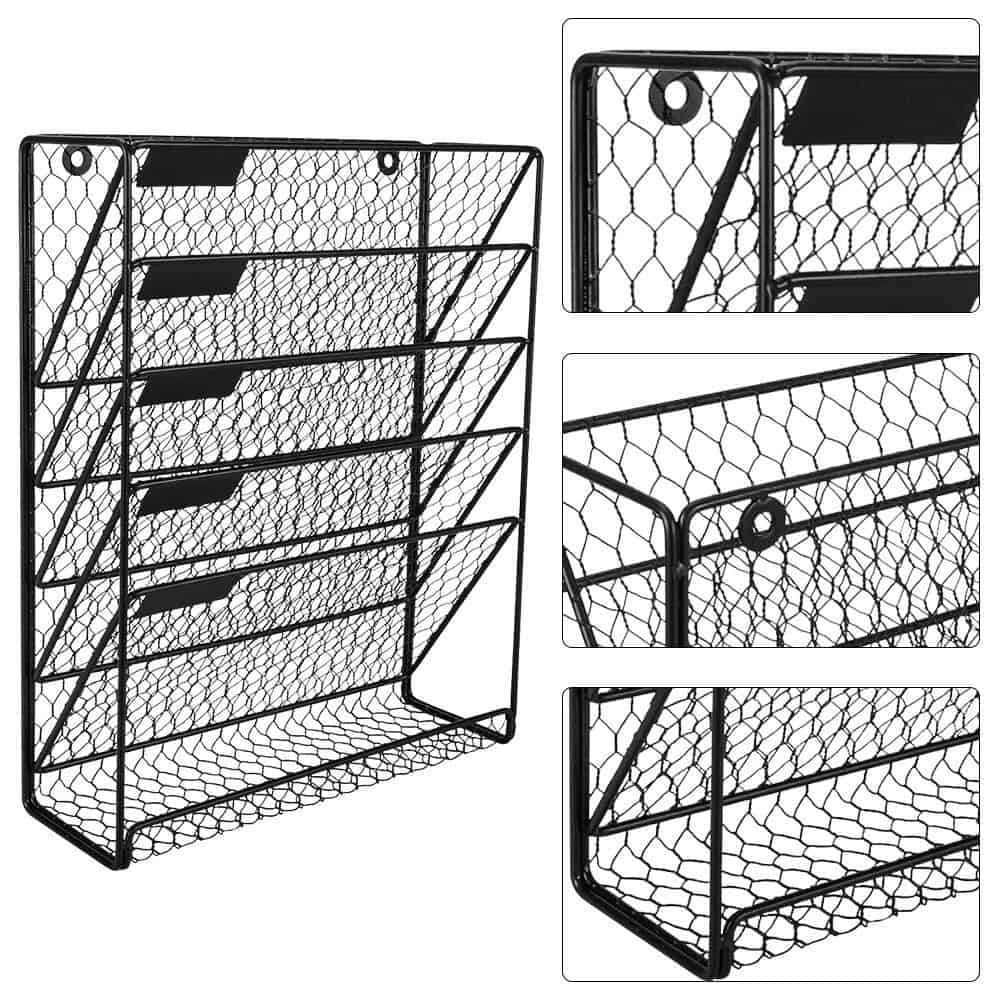 Durable black metal wire mesh organizer for easy access and efficient storage solutions. Ideal for office, kitchen, or retail spaces, providing sturdy shelving with a modern design.