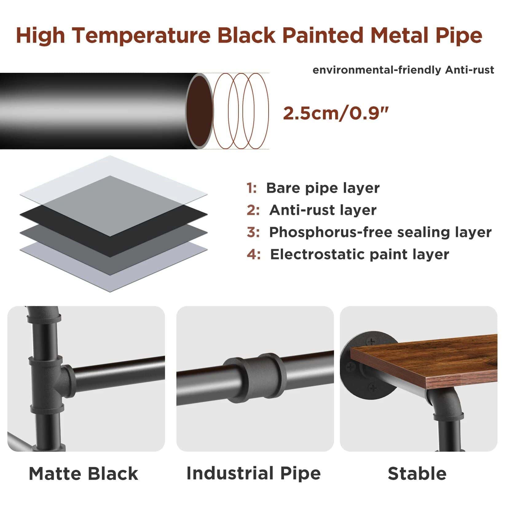 Black painted metal pipe for durable, anti-rust use in furniture or industrial projects, featuring 2.5cm/0.9" diameter, matte black finish, versatile for stable DIY assembly.