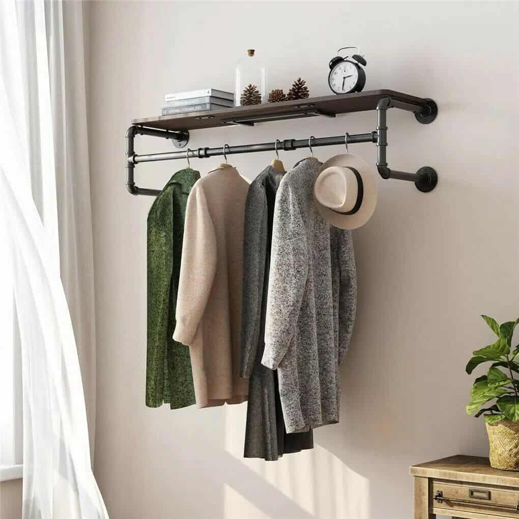 Versatile coat rack with clothing and accessories display, ideal for opt clinics, eyewear stores, or modern retail spaces seeking to enhance customer experience and organization.
