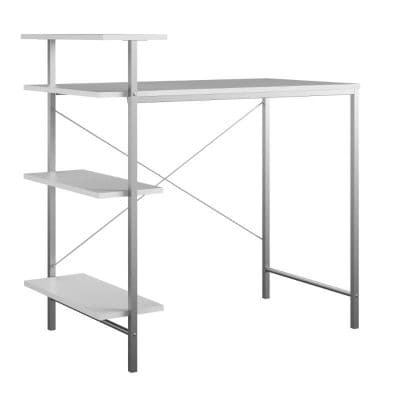 Efficient white storage shelf with multiple tiers, ideal for organizing optometry tools, glasses, or accessories in a professional optical store environment.