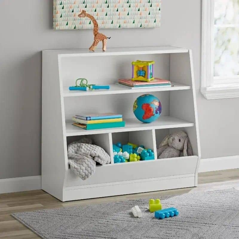 Colorful kids' storage bookshelf with toys, books, and plush toys, perfect for children’s bedrooms or playrooms, offering organized and accessible storage solutions.