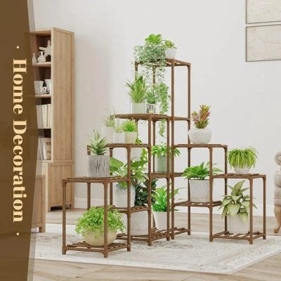 Elegant indoor plant stand with a tiered wooden design for home decor and plant organization.