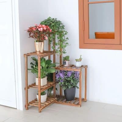 Bright indoor plant arrangement featuring flowering and foliage plants on wooden shelves at Monalisa Store.