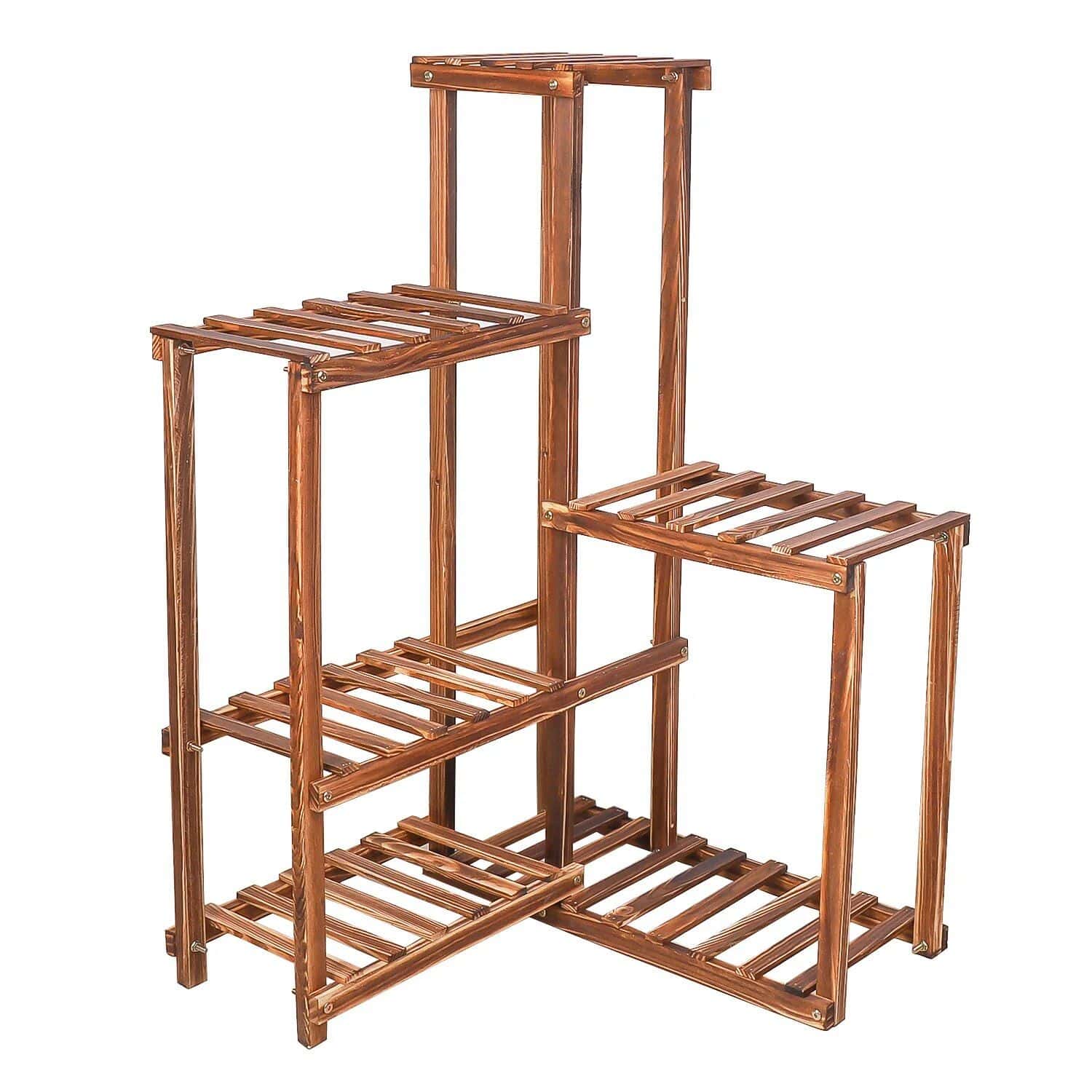 Versatile wooden plant rack with tiered shelves for displaying potted plants. Ideal for gardens, patios, or indoor spaces, made from sturdy, polished wood for long-lasting use.