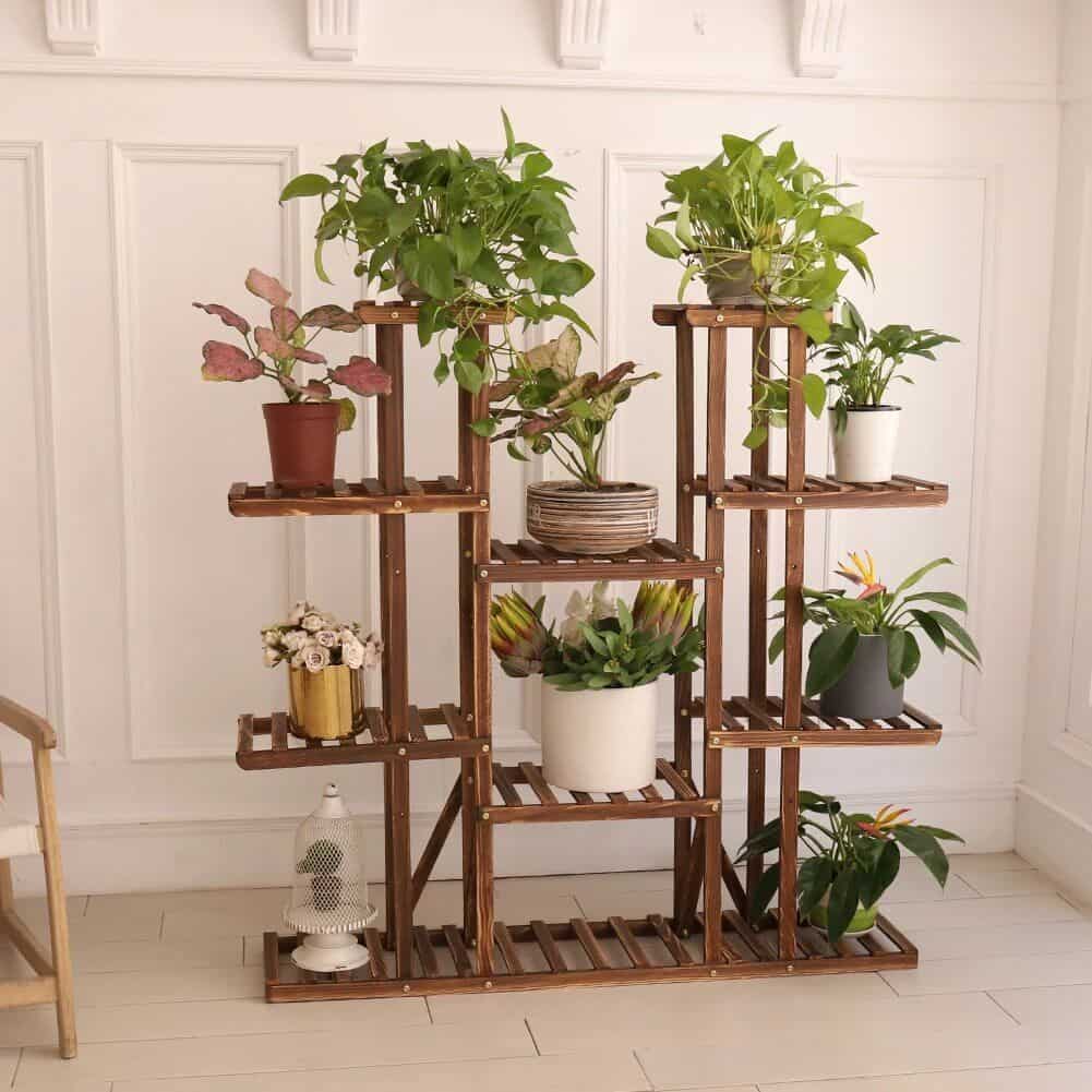 Decorative wooden plant stand for indoor home decor.