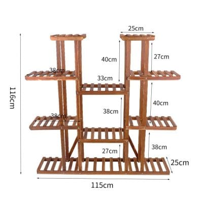 Versatile wooden plant stand with multiple tiers, ideal for indoor and outdoor plants, measuring 115cm x 116cm, providing ample space for flower pots and greenery.