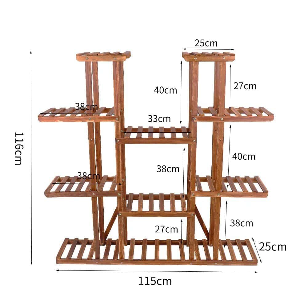 Versatile wooden plant stand with multiple tiers, ideal for indoor and outdoor plants, measuring 115cm x 116cm, providing ample space for flower pots and greenery.