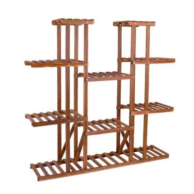 Versatile wooden plant stand ideal for garden, patio, or indoor decor, featuring multiple shelves for displaying plants, flowers, and decorative items with sturdy construction and stylish design.