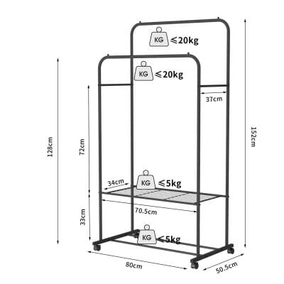 Durable medical clothing storage rack with weight capacity labels, easy mobility, and compact design, ideal for healthcare facilities and clinics.