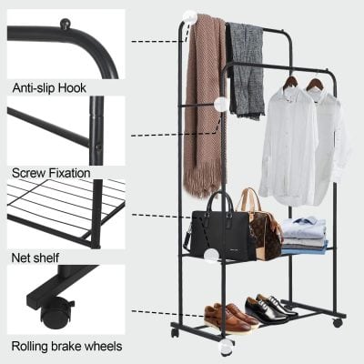 Durable black metal clothing organizer on wheels with anti-slip hooks, screw fixation, net shelf, and versatile design for clothing, accessories, and shoes, ideal for closet organization and retail displays.