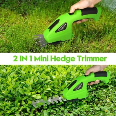 Compact green 2-in-1 hedge trimmer for garden and shrub trimming. Ergonomic design with dual functionality for easy hedge and shrub maintenance. Perfect for home garden care.