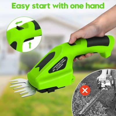 Optical image of a green cordless multi-functional garden scissors with adjustable settings for effortless use and cutting.