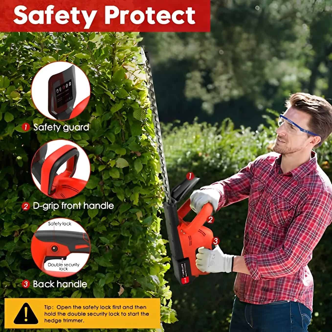 High-quality hedge trimming safety equipment with safety guard, D-grip front handle, and back handle for secure gardening. Designed for safe hedge trimming and yard maintenance.