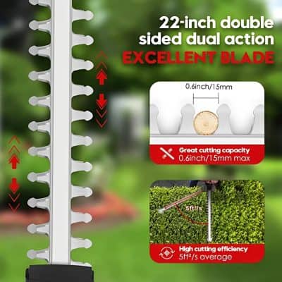 Powerful 22-inch dual blade hedge trimmer with 0.6-inch cut capacity, ideal for garden hedges and shrub trimming, featuring high cutting efficiency and durable dual-action blades.