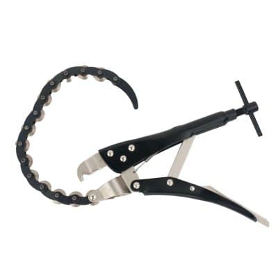 A close-up view of a professional eyewear repair chain clamp tool designed to securely hold glasses frames during adjustments or repairs.