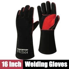 Durable 16-inch welding gloves for industrial safety, providing heat and flame resistance, perfect for welding and metalworking tasks, compatible with Monalisa Medical safety standards.