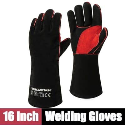 Durable 16-inch welding gloves for industrial safety, providing heat and flame resistance, perfect for welding and metalworking tasks, compatible with Monalisa Medical safety standards.