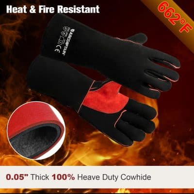 High heat resistant work gloves designed for industrial use, offering protection up to 662°F, made from 100% heavy-duty cowhide leather with 0.05
