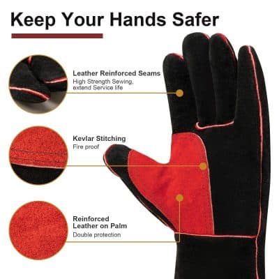 Close-up of safety glove highlighting reinforced leather seams, Kevlar stitching for fireproofing, and double-layered leather palm for durability and protection.