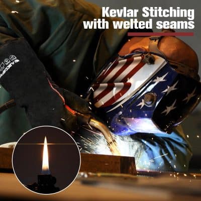 Welding worker wearing protective gear, working on metal with sparks, showcasing expert craftsmanship and durable materials like Kevlar for optimal eye protection and seam strength.