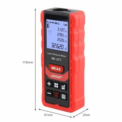 Alt text: Red handheld laser distance meter with digital display showing measurements, ideal for precise optical and measurement applications.