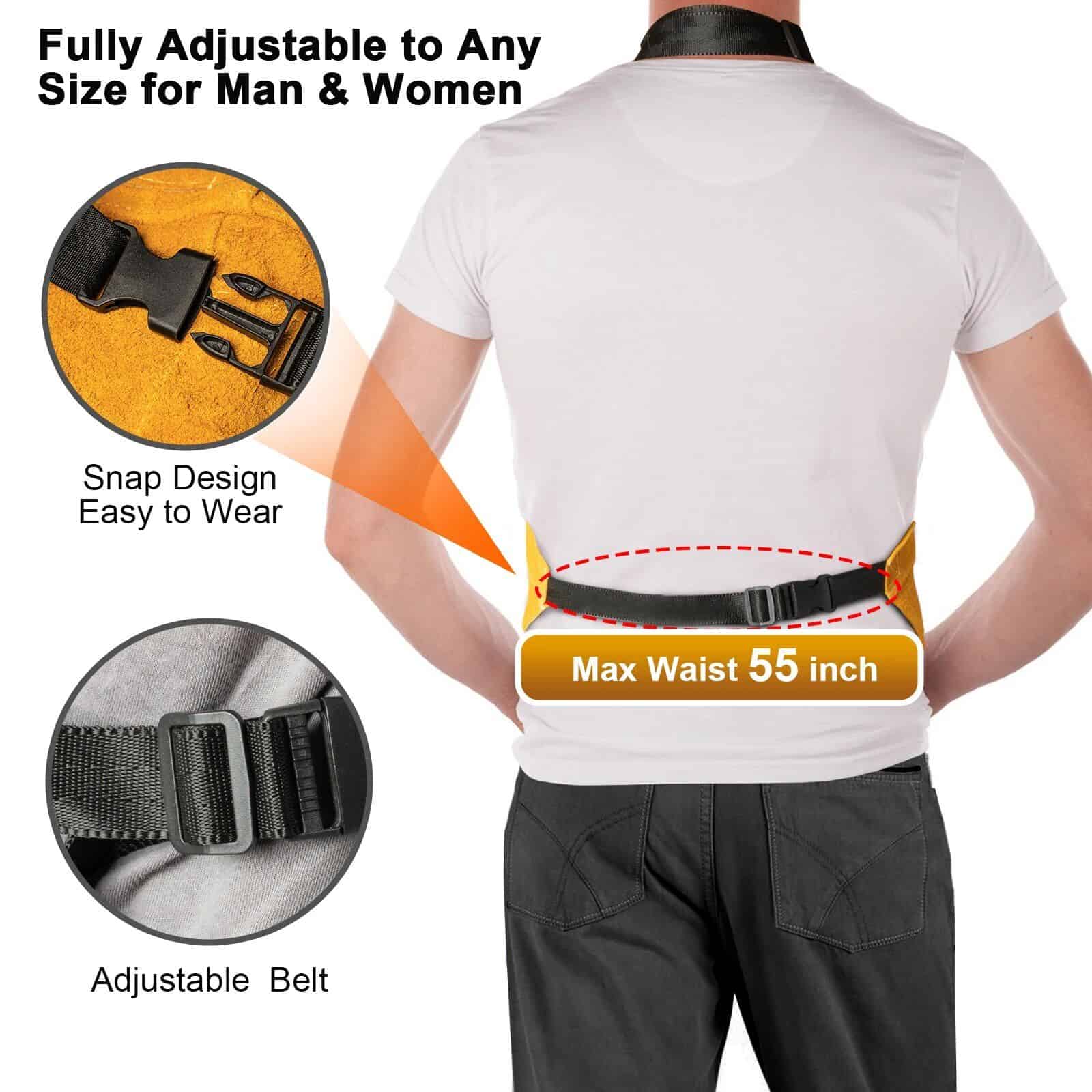 Soft, comfortable waist belt with adjustable buckle, suitable for up to 55 inches waist, featuring a convenient snap design for easy wear and removal. Perfect for lumbar support and safety.