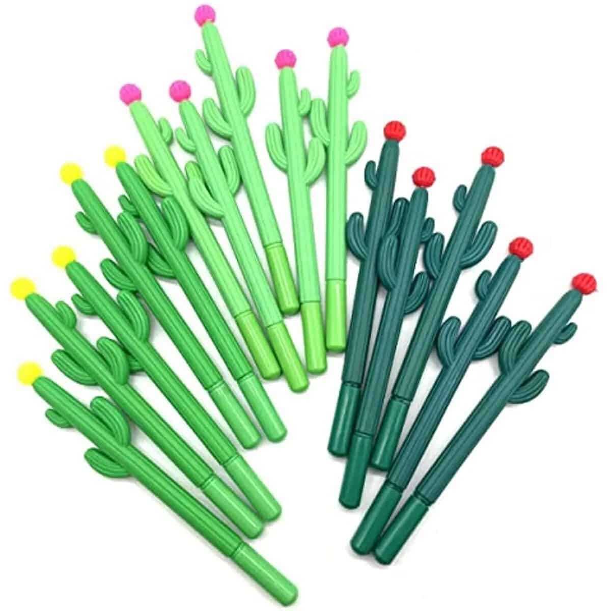 Colorful cactus-shaped pens with bright pink, yellow, and red tips designed for fun and functional writing accessories. Perfect for stationery lovers and desert-themed decor.