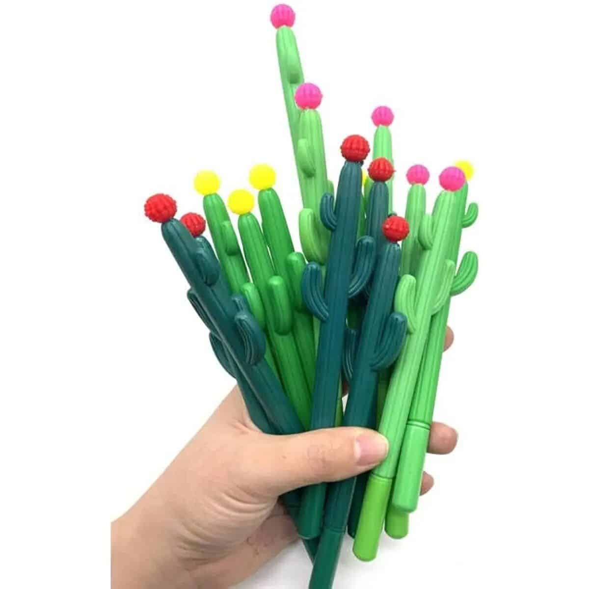 Colorful cactus-shaped pen holder for desk decor or gift idea. Adds vibrant charm to your workspace with a fun, decorative plant-inspired design.