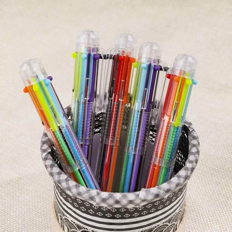 Vibrant gel pens in assorted colors arranged in a black and white patterned container, perfect for enhancing your stationery collection at Monalisa Medical Store.