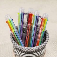Bright multicolored gel pens in a black and white patterned holder, ideal for office, school, or artistic use, offering vibrant ink colors for writing and drawing perfection.