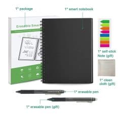 Eco-friendly reusable smart notebook ideal for note-taking, journaling, and organization. Comes with eraseable pens, sticky notes, and a clean cloth for eco-conscious users. Perfect for students and professionals.