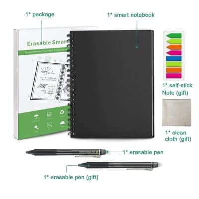 Eco-friendly reusable smart notebook ideal for note-taking, journaling, and organization. Comes with eraseable pens, sticky notes, and a clean cloth for eco-conscious users. Perfect for students and professionals.