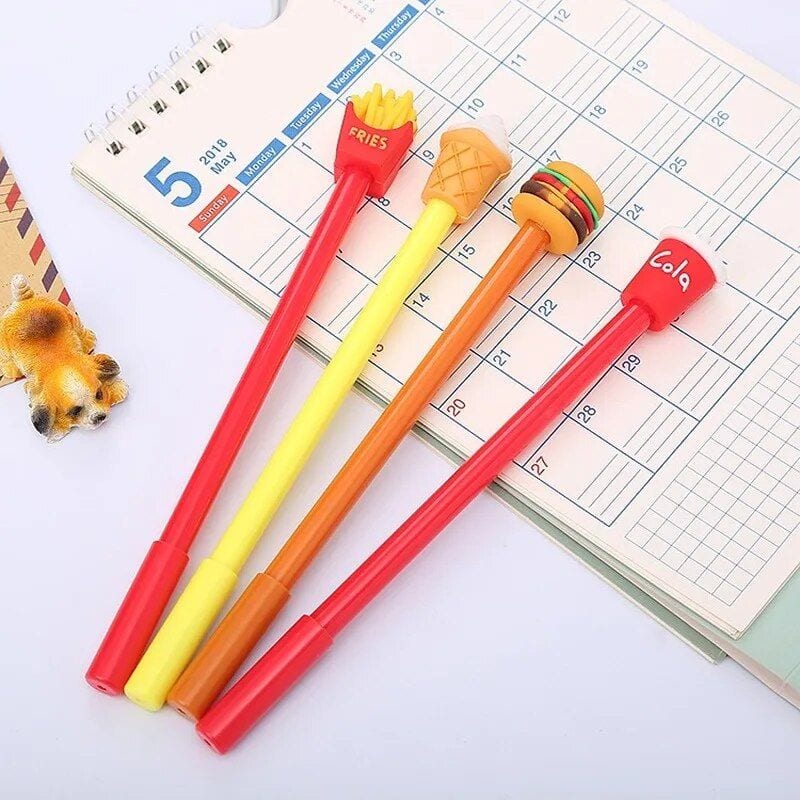 Vibrant pens with fries, ice cream, burger, and cola designs, perfect for fun writing, study, and gifting. Bright and playful stationery accessories for children and food enthusiasts.