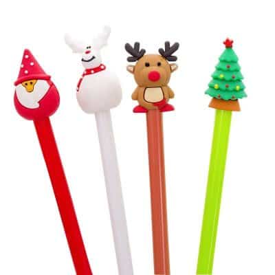 Colorful holiday-themed pencil toppers featuring Santa, reindeer, snowman, and Christmas tree for festive school supplies and office décor.