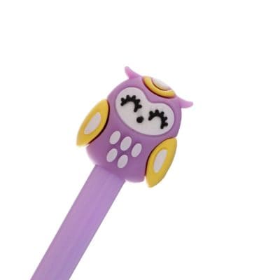 Cute purple owl-shaped pen topper with yellow accents, ideal for stationery accessories, desk decor, or gift items for children and students.