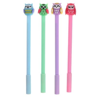 Colorful animal-shaped pens featuring adorable owl designs in blue, green, purple, and pink, perfect for school, office, or gifting. Durable and easy to write with, fun stationery for all ages.