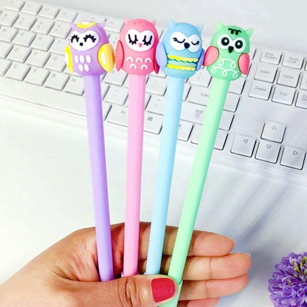 Adorable owl design pens in purple, pink, blue, and green featuring cute animal characters, perfect for writing, school, and office use, adding fun to your stationery collection.