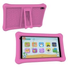 Pink protective tablet cover with built-in stand for kids, durable and easy to grip, perfect for safeguarding tablets used for education and entertainment.