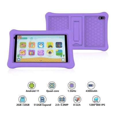 Sturdy purple children's tablet with colorful educational apps for kids, including ABCs, STEM activities, and more. Perfect for early education and entertainment.