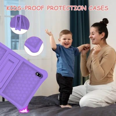 Durable kids-proof protection cases for tablets, ensuring safety and shock absorption. Safe for children with vibrant purple designs, perfect for safeguarding devices during playtime and accidental drops.