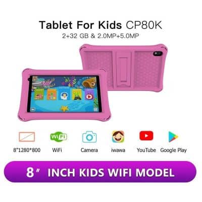 Bright pink children's WiFi tablet for kids with camera, educational apps, and YouTube access, perfect for entertainment and learning. Compact 8-inch screen, ideal for young users.