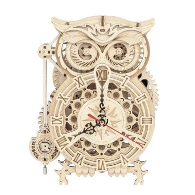 Intricate wooden owl-shaped clock with gears and Roman numerals, perfect for stylish home decor and accurate timekeeping. Unique design combines craftsmanship with modern elegance.