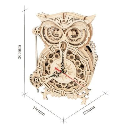 Elegant wooden owl-shaped clock with intricate gears, perfect for modern home decor and wall art in living rooms and offices.