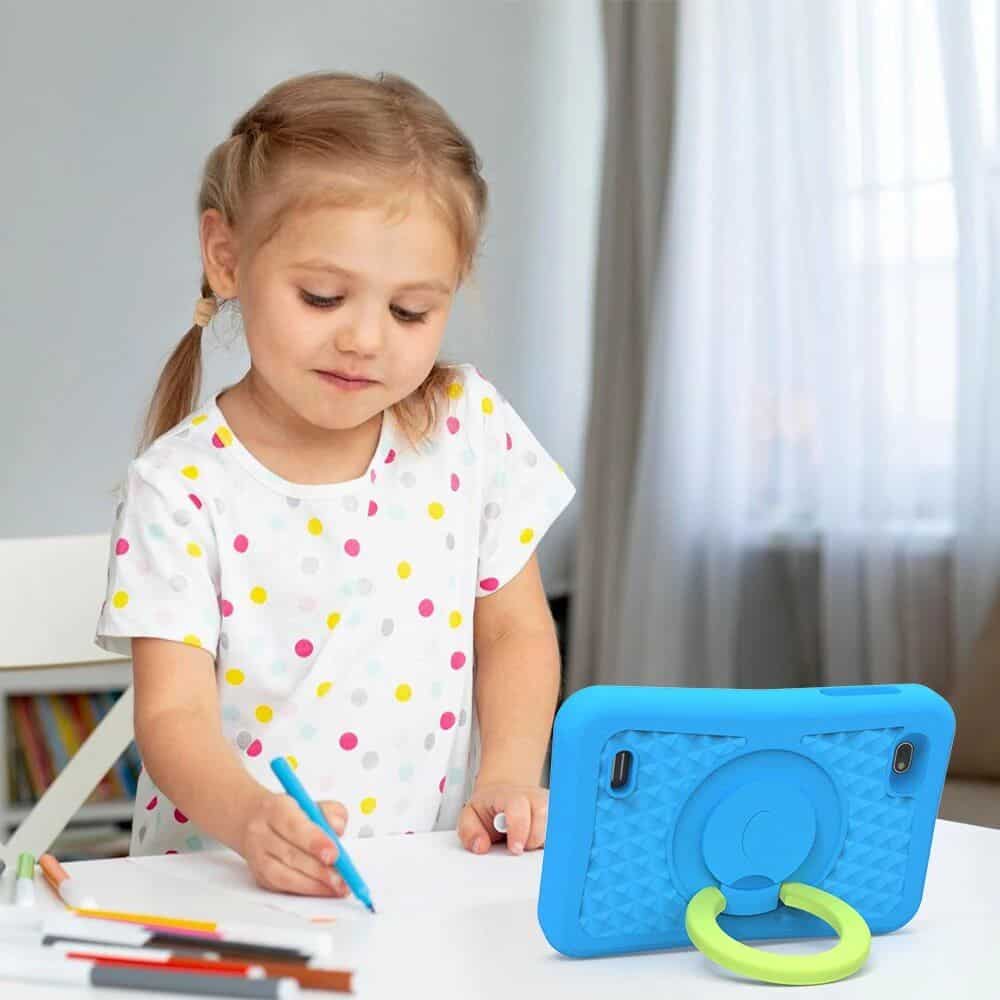 Child using tablet with ring holder, educational and entertainment device, featuring eye safety precautions for children’s screen use.