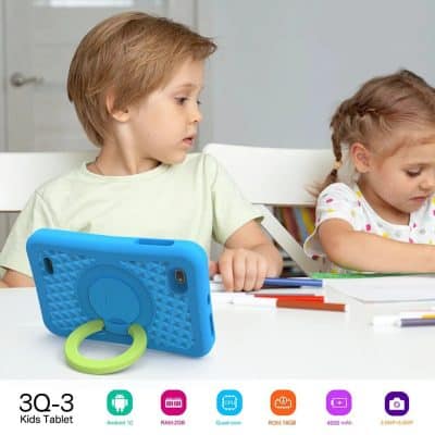 Durable kids tablet with eye protection, suitable for children’s learning and entertainment. Features Android 10, 2GB RAM, quad-core CPU, and 16GB ROM for kids’ safe screen time.