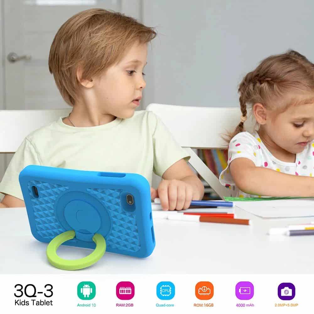 Durable kids tablet with eye protection, suitable for children’s learning and entertainment. Features Android 10, 2GB RAM, quad-core CPU, and 16GB ROM for kids’ safe screen time.