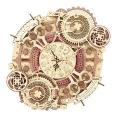Detailed wooden clock with zodiac signs and gears, blending vintage and modern design elements ideal for stylish wall decor.
