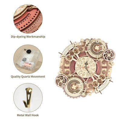 Close-up of intricate clock parts showcasing detailed craftsmanship and precise engineering. The image highlights the mechanical movements of a decorative clock, emphasizing quality and design.