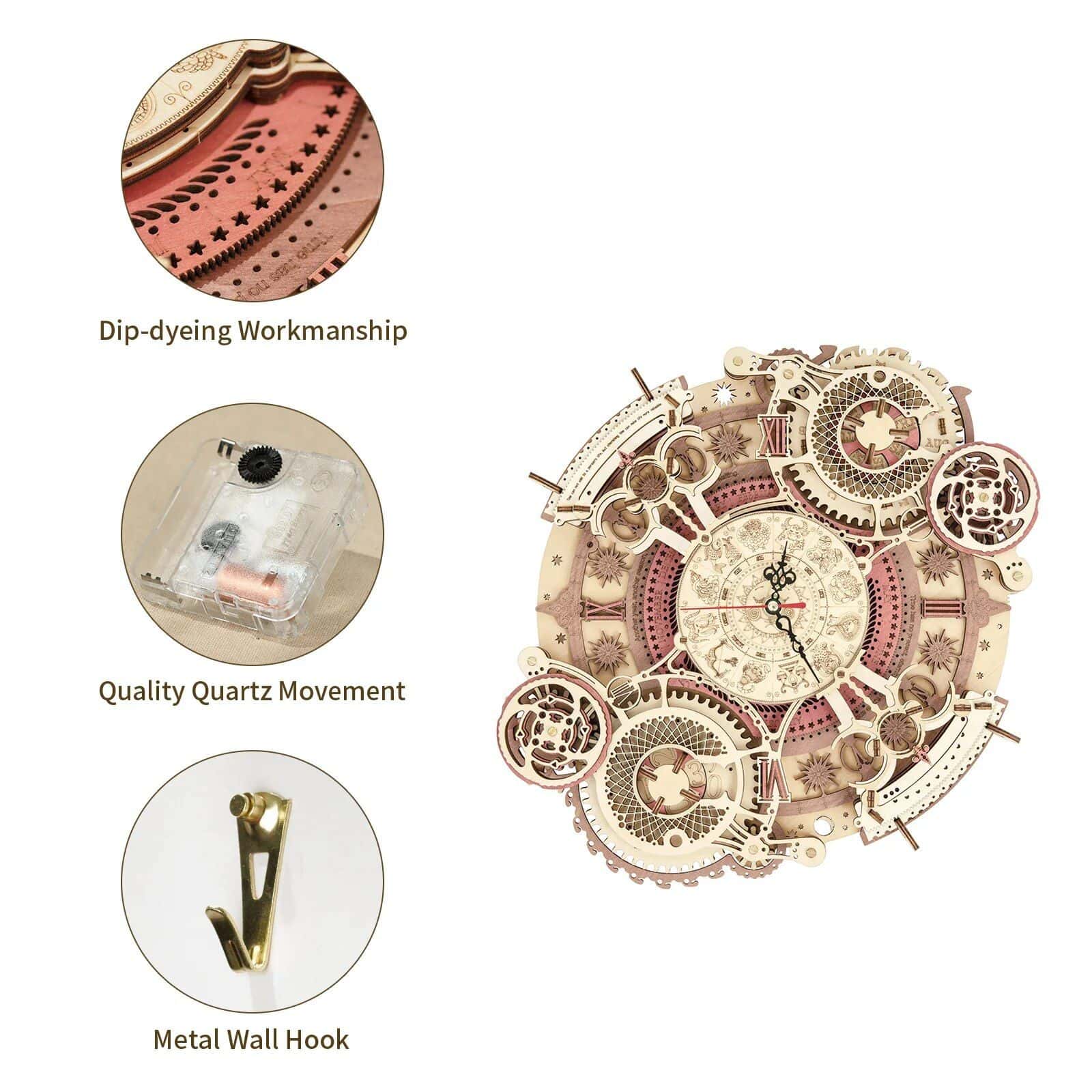 Close-up of intricate clock parts showcasing detailed craftsmanship and precise engineering. The image highlights the mechanical movements of a decorative clock, emphasizing quality and design.